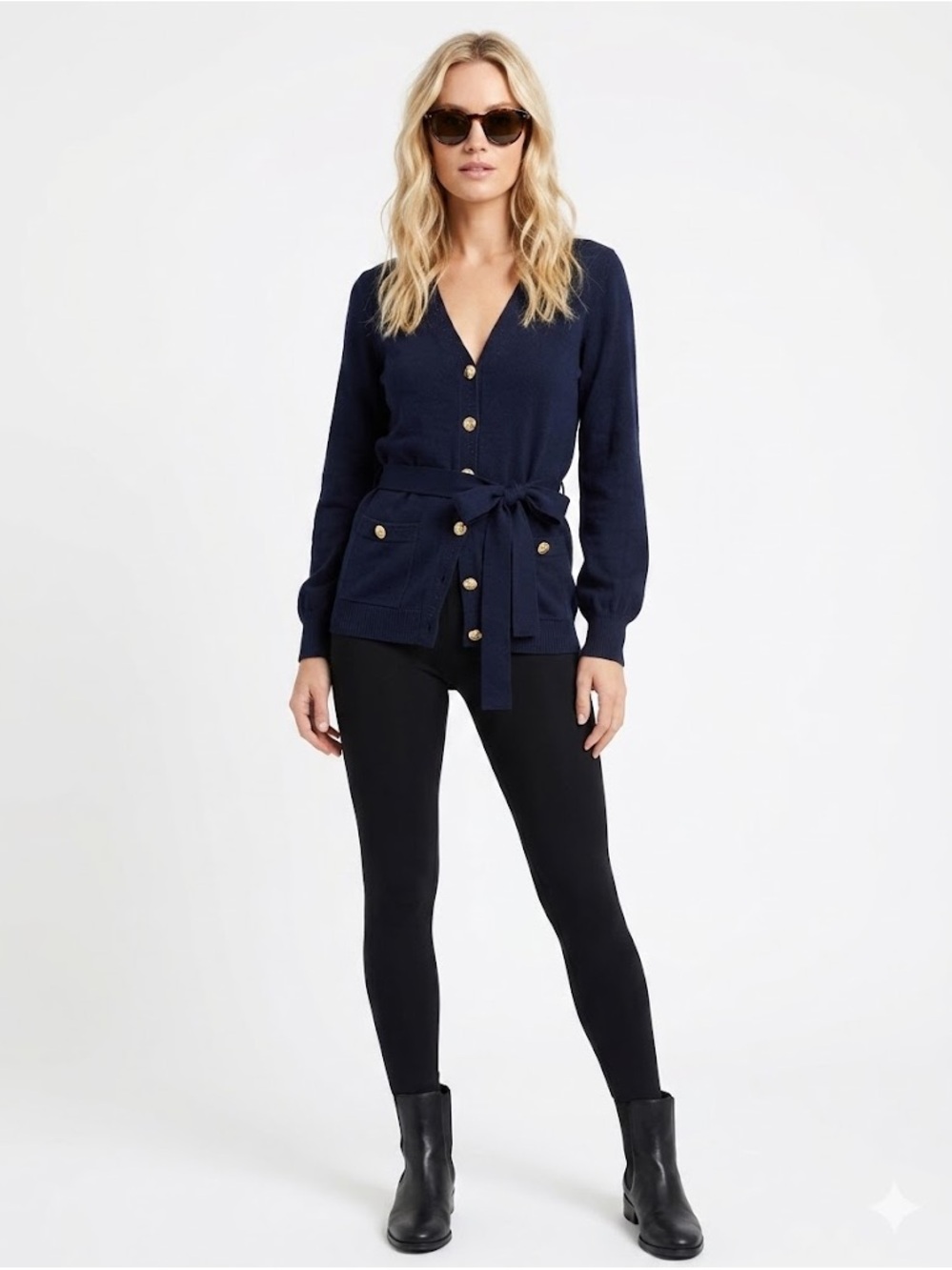 Draper James Navy Belted V-Neck Cardigan with Gold Buttons
